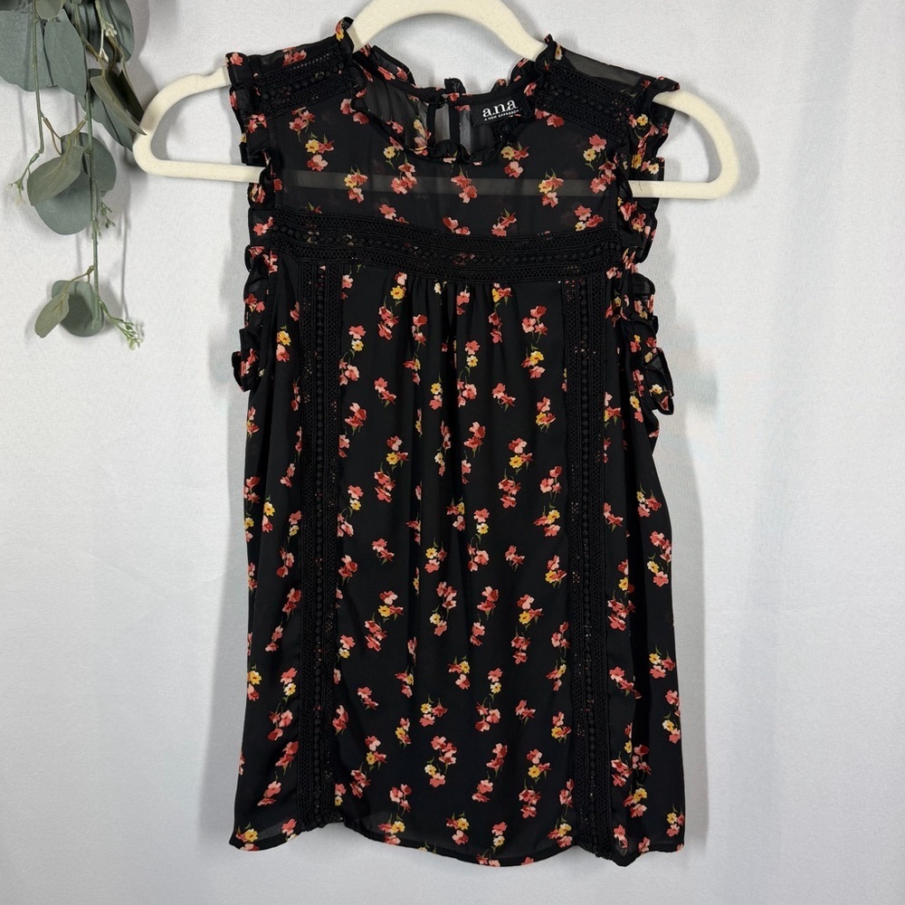 a.n.a | Black Floral Blouse Flowy Tank Top Pink Flowers Lace Women's Size XS